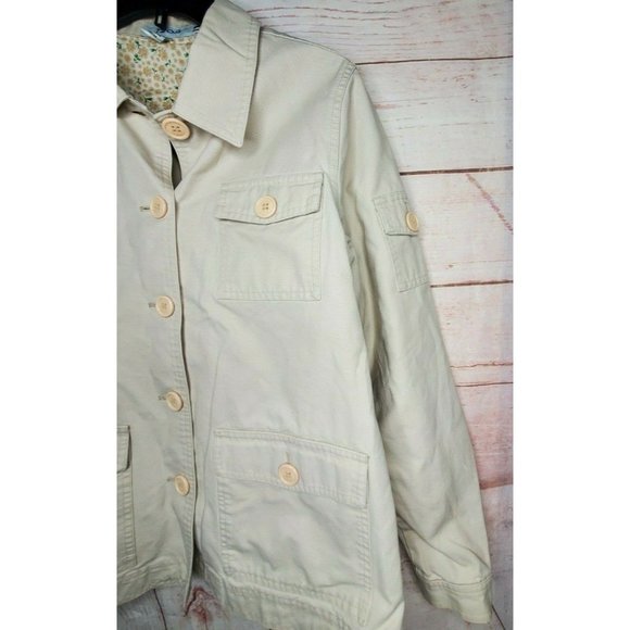 Izod Beige Khaki 5 Cargo Pocket Embroidered Button Up Women Medium Shirt Jacket  - Picture 4 of 12